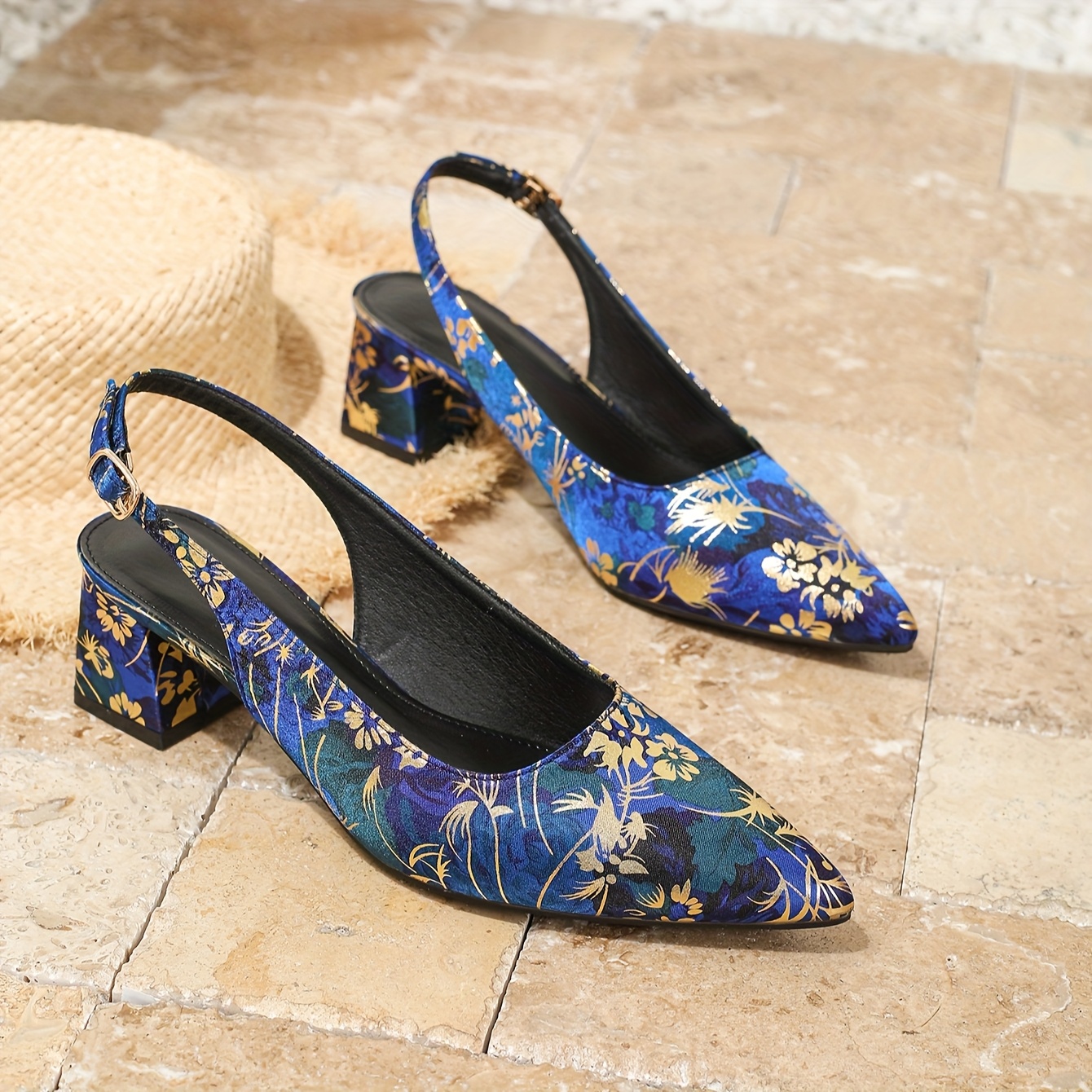 Elegant Blue Floral High Heels for Women Sexy Pointed Toe with Chunky  Heel, Ankle Strap D'* Pumps Parties Events
