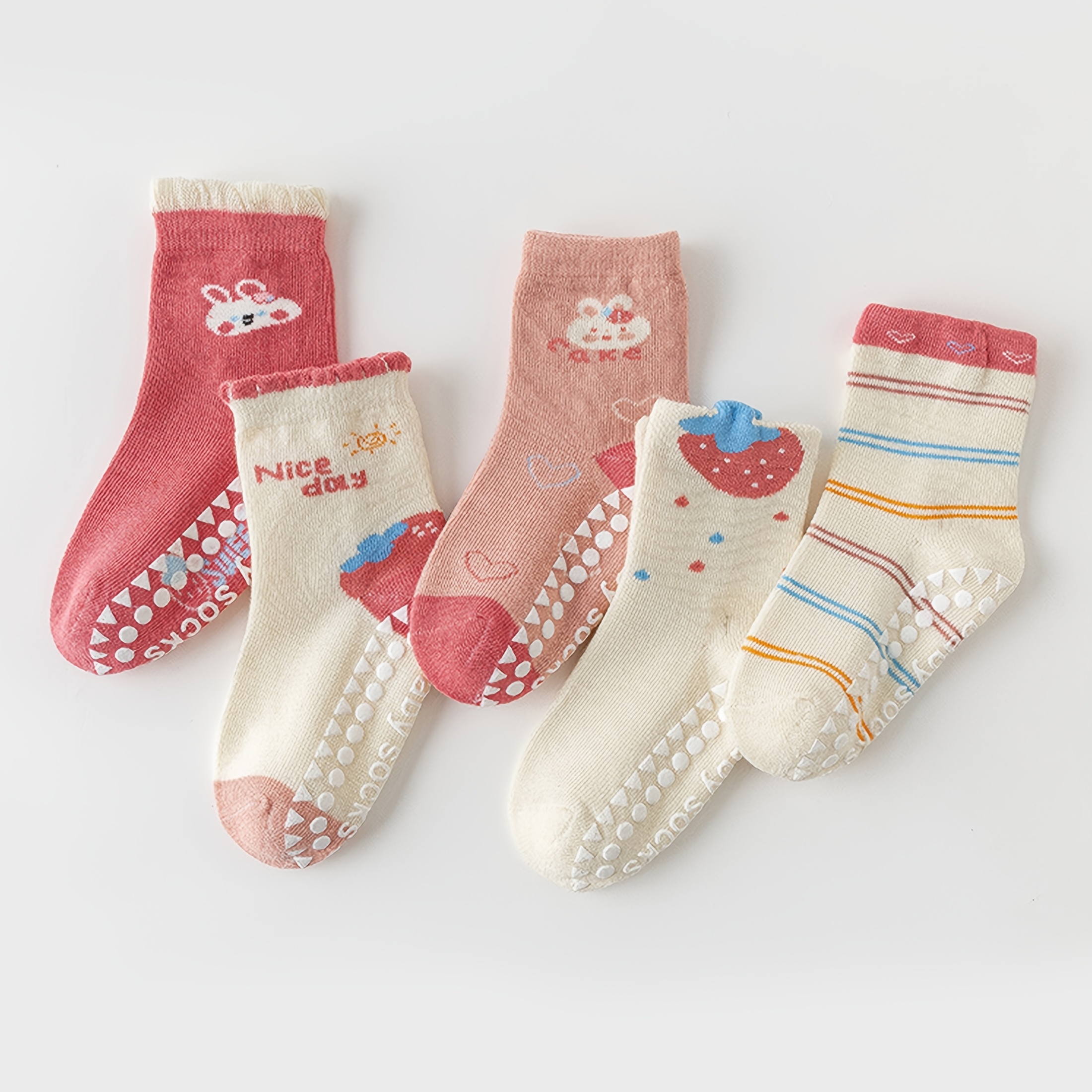 5-pack Mianzhi Kids Floor Socks With Cartoon Strawberry Bunny Pattern, Glue , Soft Sole Non-slip Indoor Mid-calf Socks For Boys, Girls, And Toddlers, Suitable For Casual Daily Wear