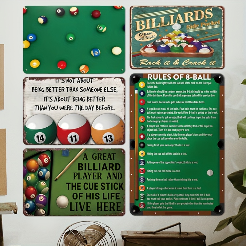 

5pcs Vintage Billiards Metal Tin Sign Set, 8x12 Inch, Pool Table Room Wall Decor, Game Room, Bedroom, Coffee Shop Art, No Electricity Needed, Ideal Gift For Pool Enthusiasts