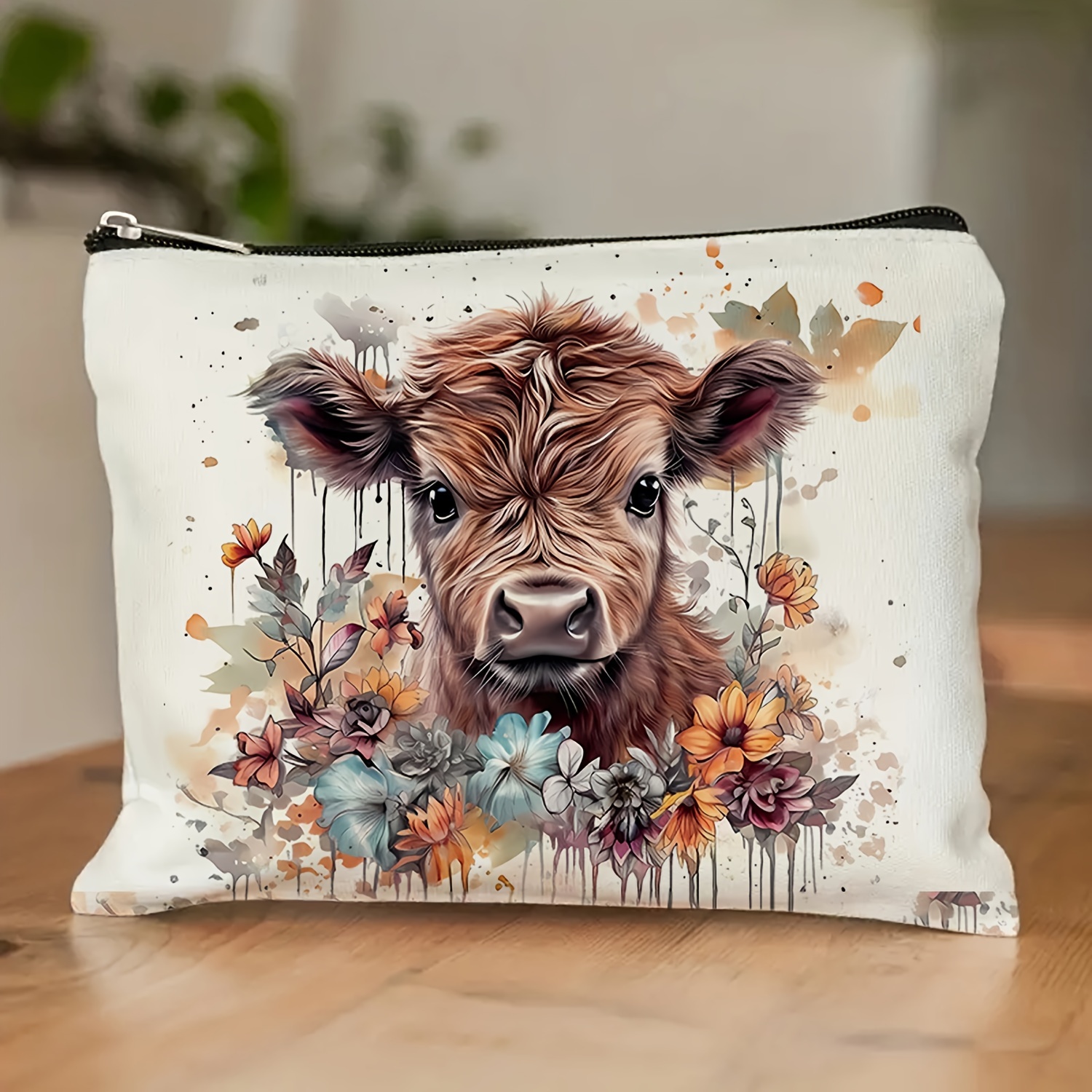 TEMU 1pc, Western Style Highland Cow Gift Makeup Bag Makeup Bag Makeup Bag, Double Sided Printed Zipper Bag, Multi Functional Storage Bag, Essential