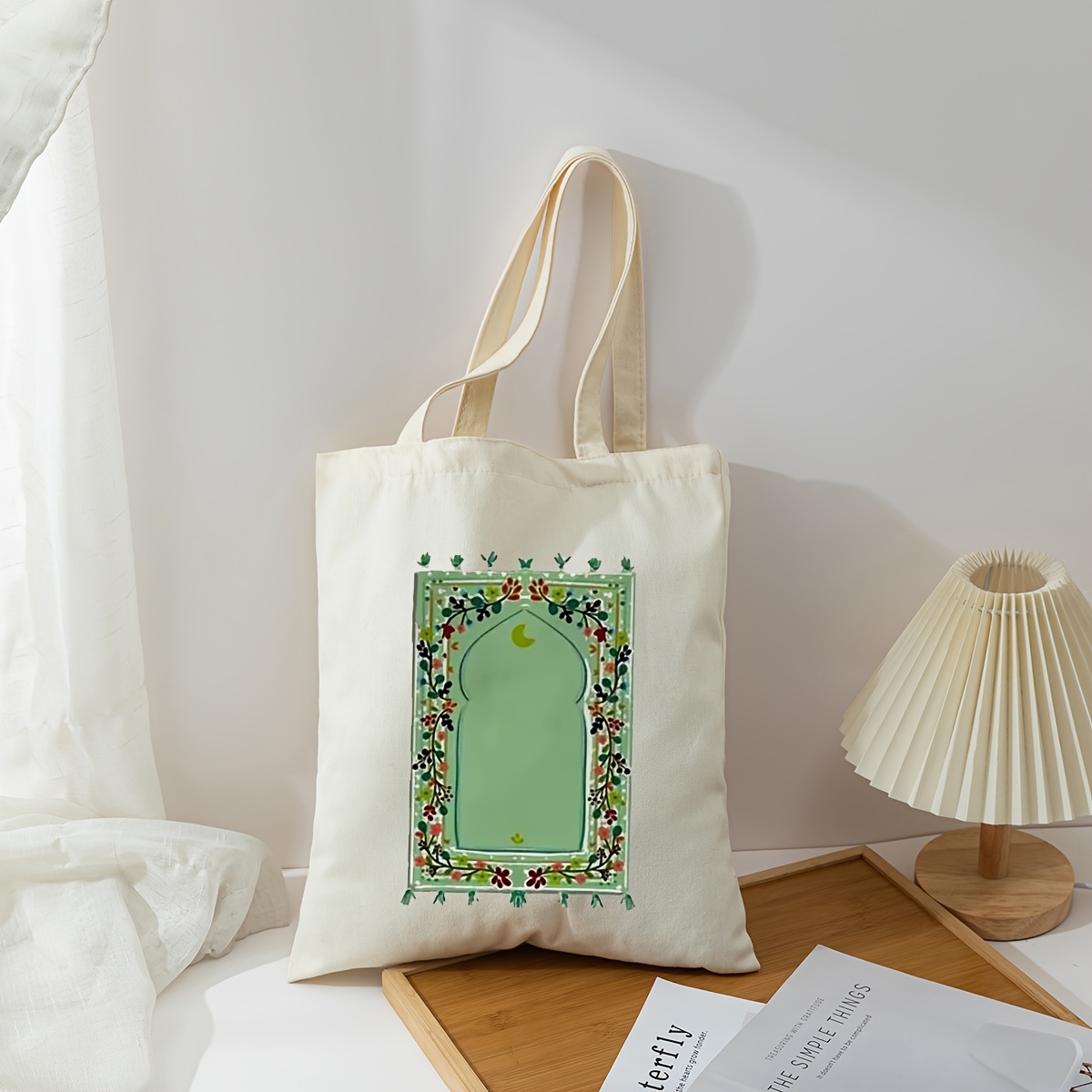 1pc Elegant Beige Tote Bag with Muslim Festival Design, Fixed Shoulder  Strap, Open Top, Hand Washable – Shopping, Personal Stor