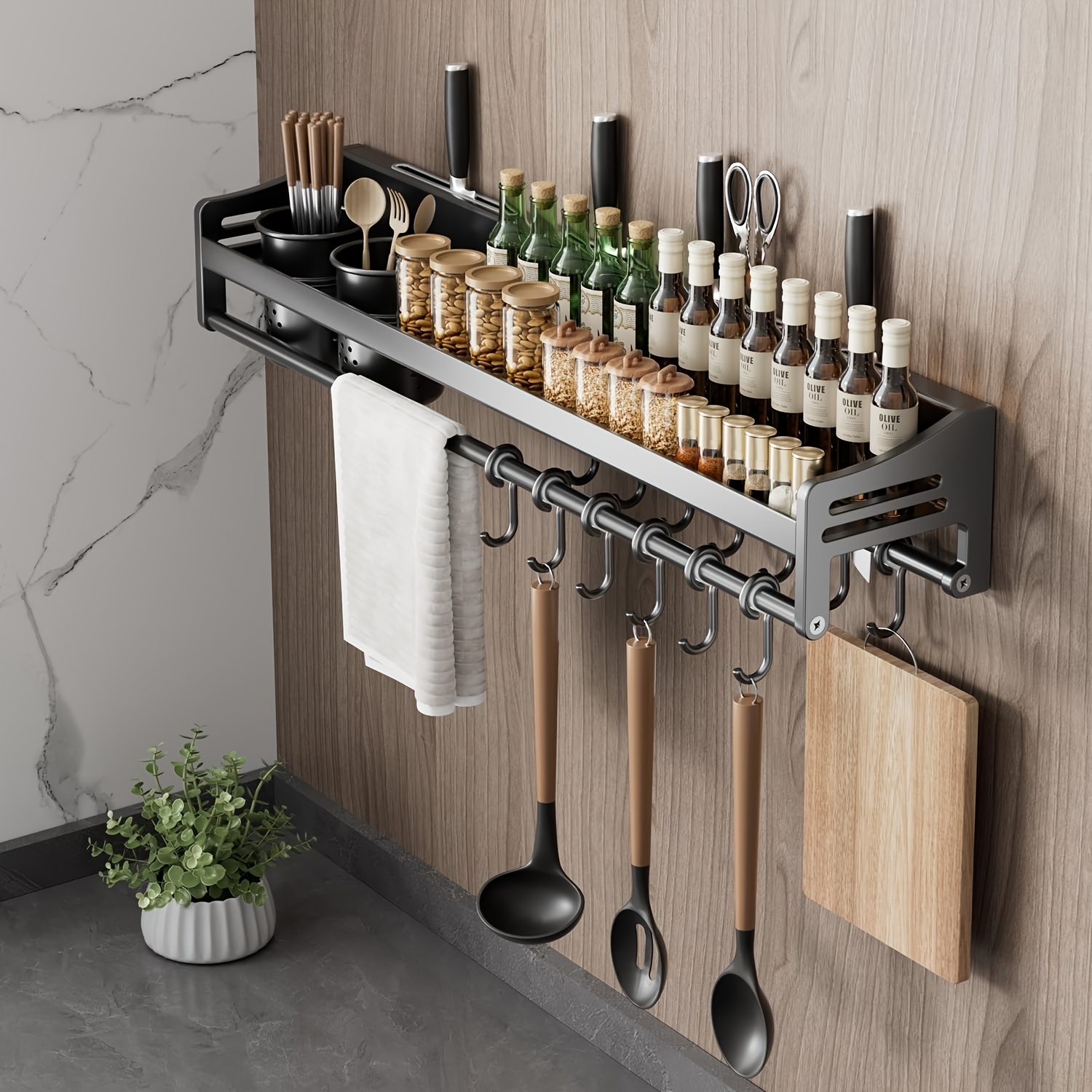 Kitchen Utensil Hanger, Wall Mounted Rail With Hooks, Waterproof For Utensils, Without Drilling (27.56 Inches, Cups, 2)