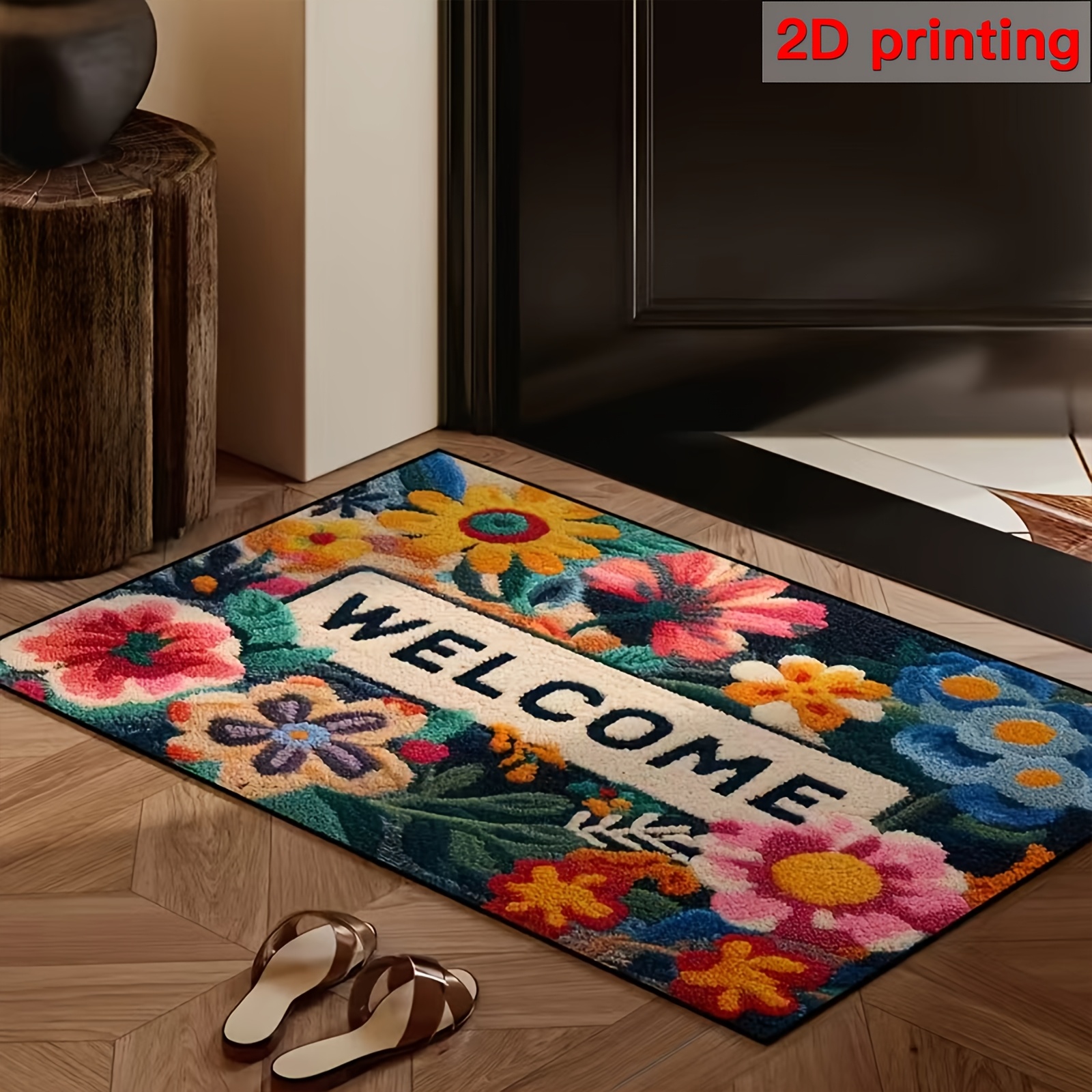 TEMU 2d 1pc Vibrant Floral Welcome Mat | Non-slip, Machine Washable Polyester, Rectangular, 650g/m², Perfect For Indoor/outdoor Use, Areas, Ideal