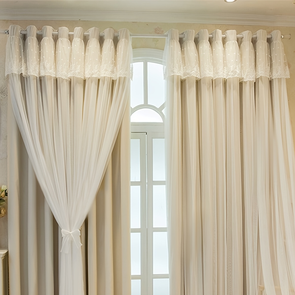 2pcs French Cream Beige Double-Layer Lace Curtains Suitable for Household, Rental Homes & Homestays - Light Blocking Floor-Length Window Drapes with Grommet Top, Sheer Panels for, Machine Washable for Bay Windows, Bedroom