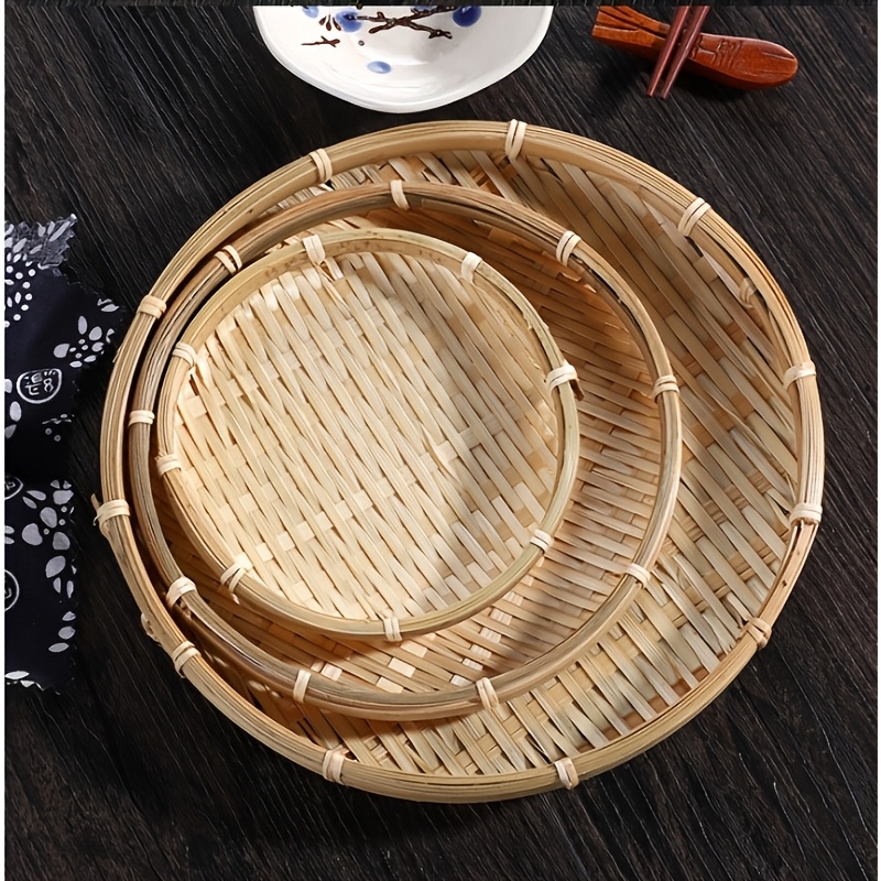 TEMU 3pcs Set Vietnamese Traditional Handmade Round Rattan Wicker Service Basket Tray Food Kitchen Bamboo Fruit Basket Tray With Handle Home