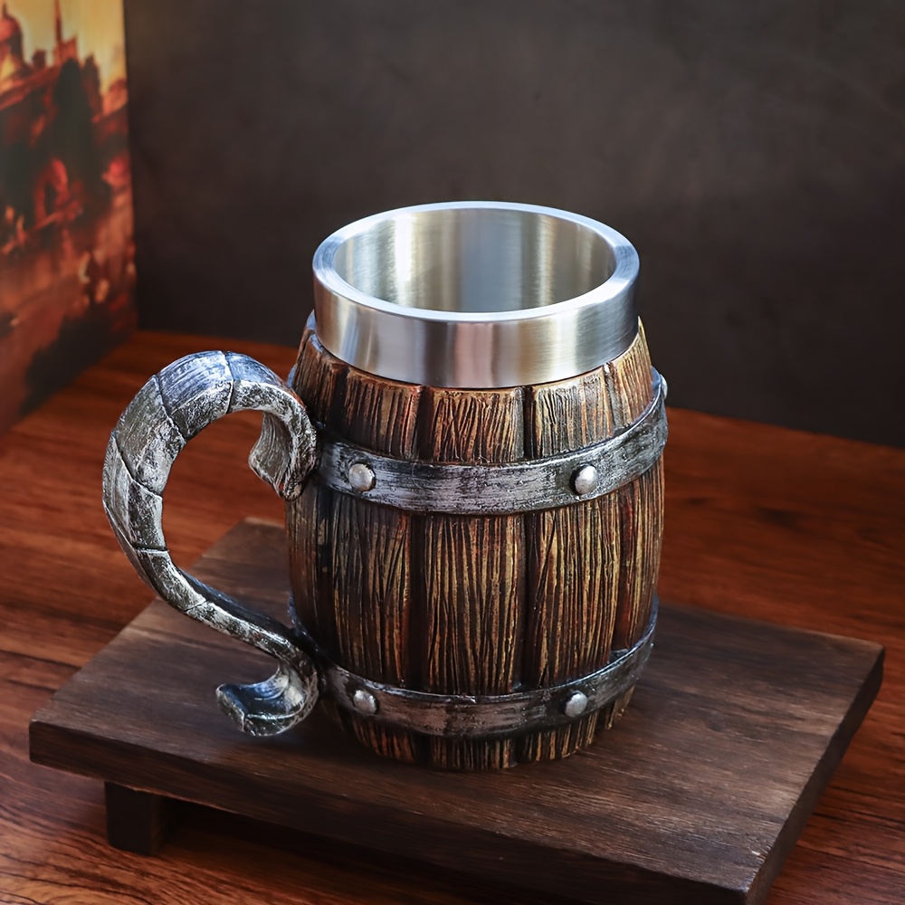 a 20oz large capacity stainless steel cup in   of a   resembling a wooden beer mug made of resin   cold drinks party bars and as a gift for friends or for a fathers birthday and   Product details 9