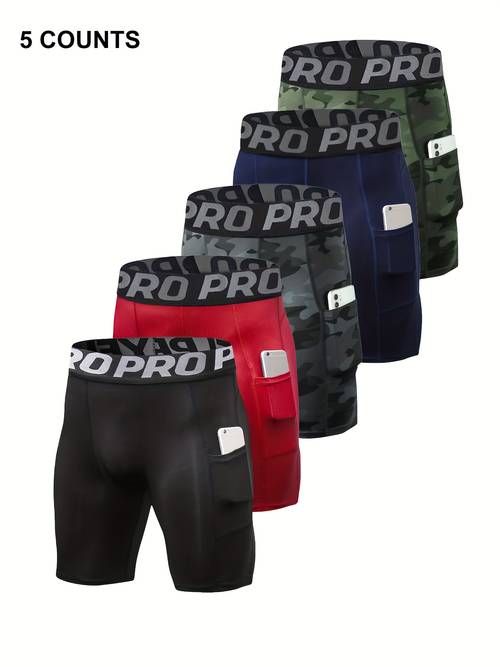 5pcs mens compression running shorts with pockets wicking athletic base layer shorts workout shorts