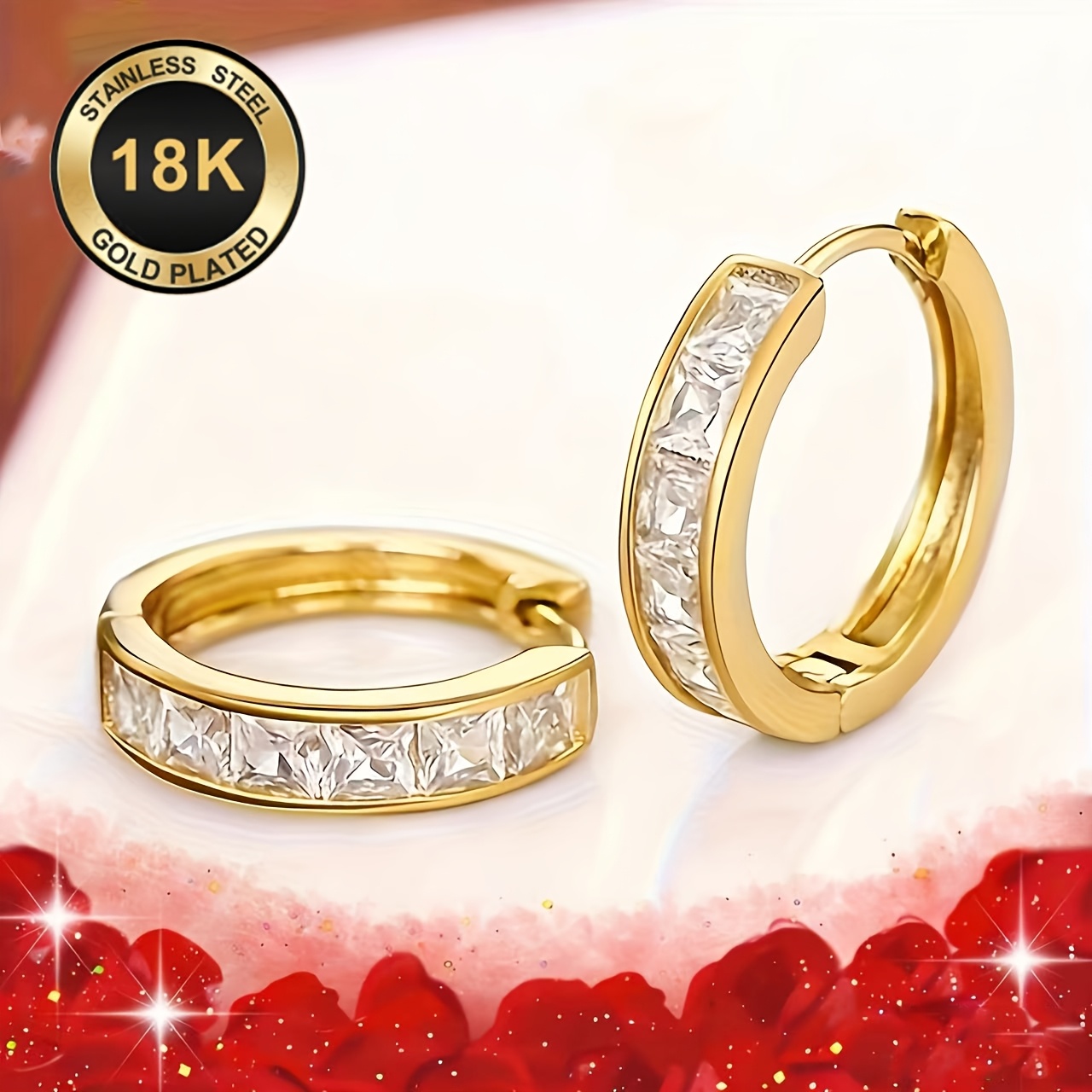 TEMU 1 Pair Of Exquisite 18k Gold-plated Women's Fashion Synthetic Zirconia Stud Earrings - Clip-on Style, Luxurious, Exquisite, And Fashionable. A