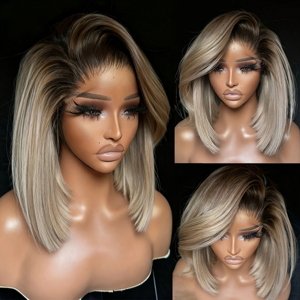 TEMU Perruque à Dentelle Frontale HD 13x4 Colle, Pré-Épouillée, Bob Court Blond, Adaptée à Tous les de Peau, Cheveux Synthétiques Résistants à la