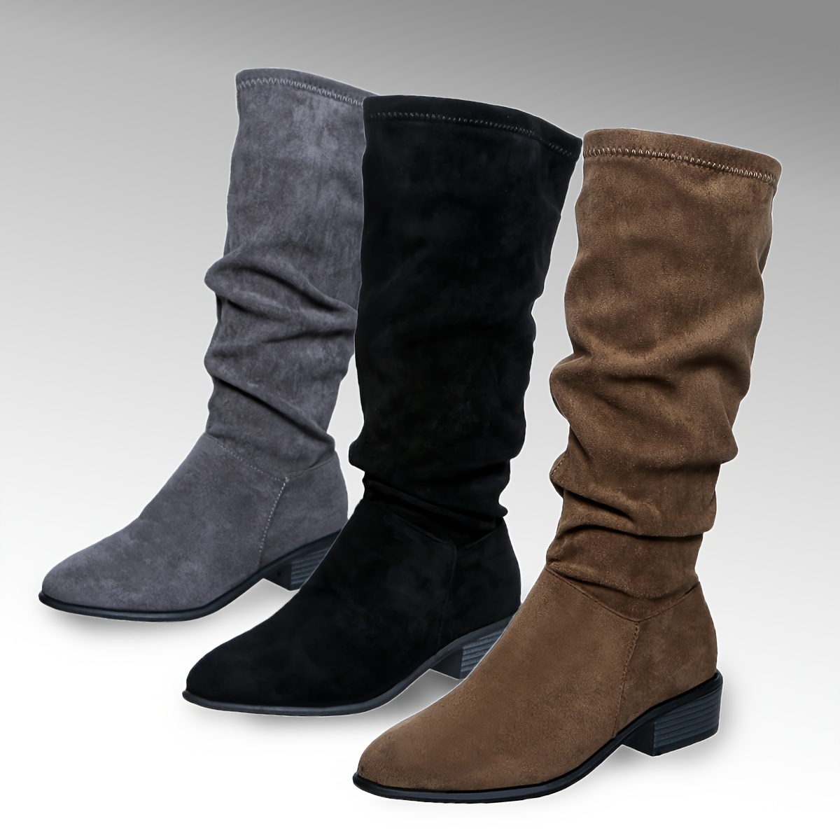 

1 paire d'élégantes bottes hautes pour femmes de couleur unie, tige en tissu toutes avec doublure en flanelle, bottes à bout à enfiler avec talon bloc et semelle en TPR