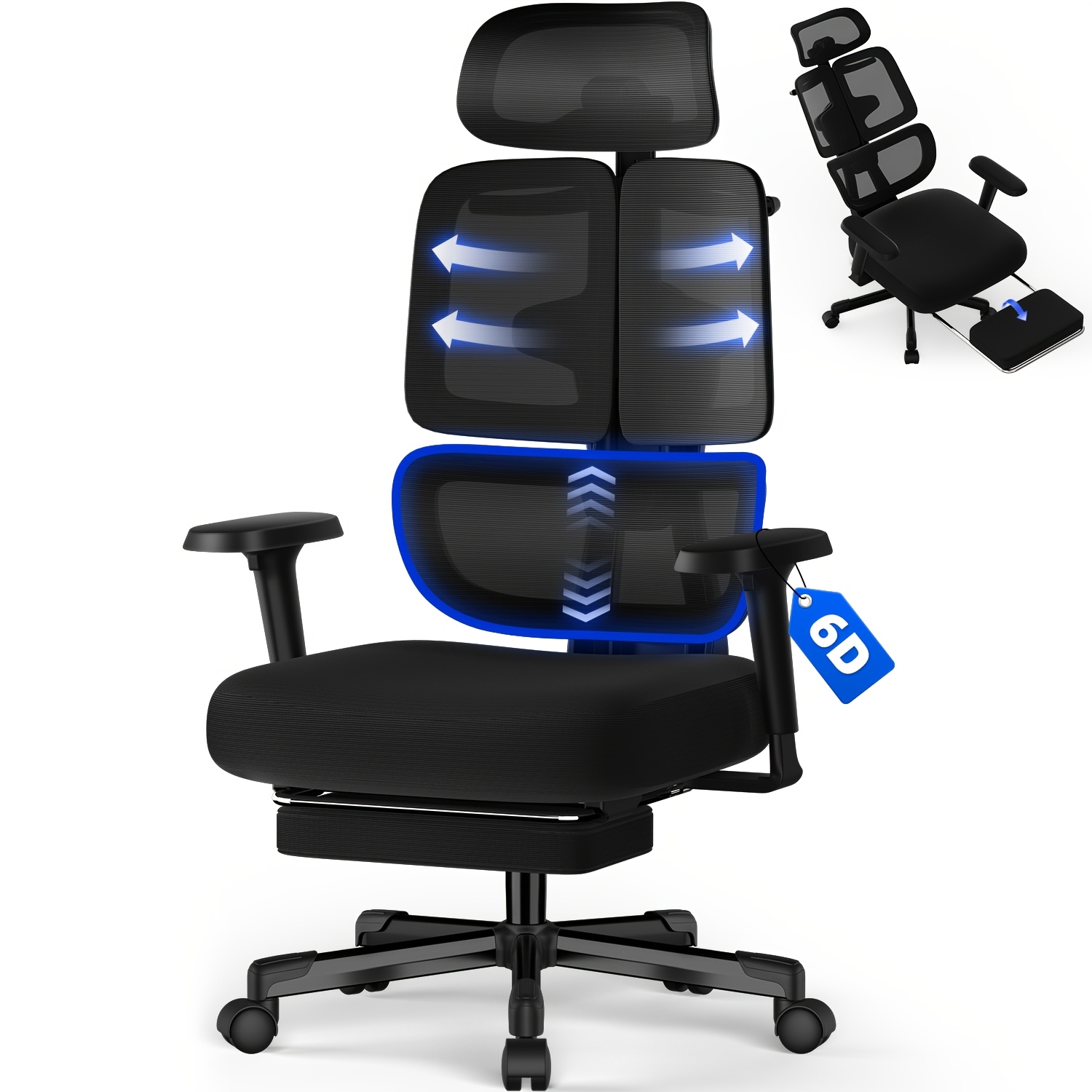 Carroltt Ergonomic Office Chair With Lumbar Support, Adjustable Backrest And Headrest, Foldable Armrests, And Breathable Mesh Seat. Suitable For Home And Office Use. Black