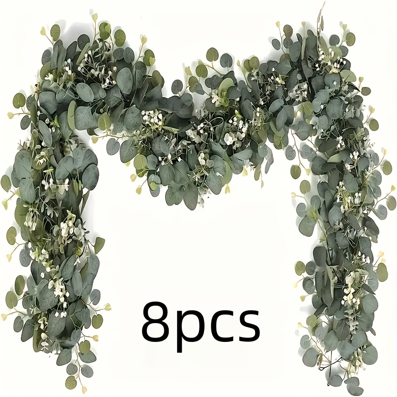 8pcs Artificial Eucalyptus And Baby's Breath Garland - 5.9 Feet Plastic Vine With Silvery Dollar Leaves, Suitable For Thanksgiving, Weddings, Parties, And Home Decor