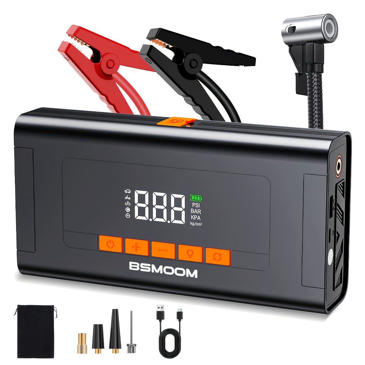 TEMU Bsmoom Car Starter, 8000a (for 10.0l Gasoline Or 8.0l Engines) 12v Auto Booster Battery Charger Jump Starter Box With Air Compressor, 4-in-1
