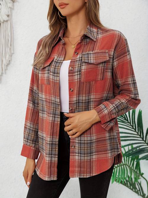 womens stylish oversized shirt long sleeve button up collar with chest pockets red black polyester blend spring summer fall casual wear spring summer fashion stylish quality casualwear