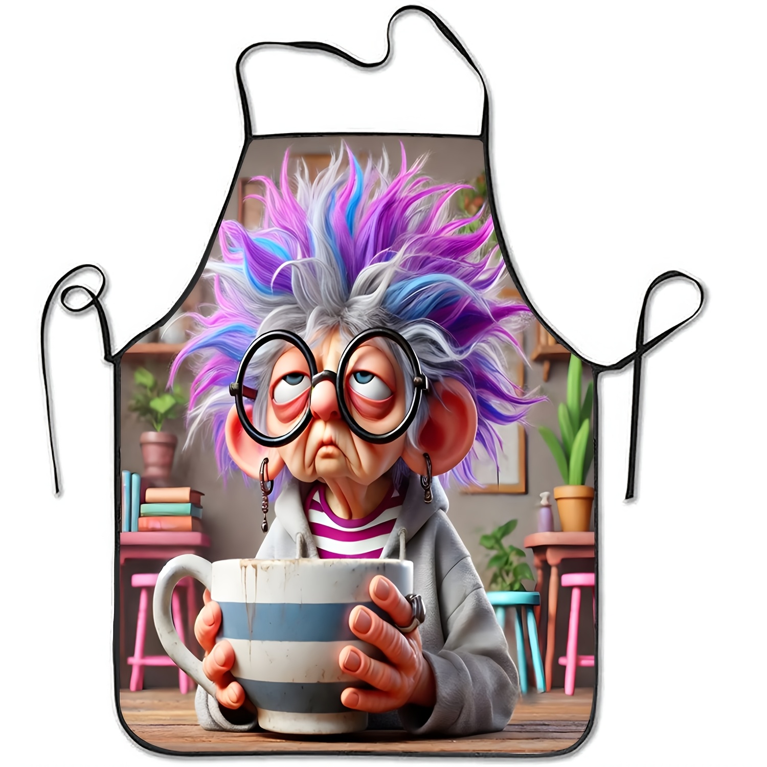 TEMU 1pc Weird Old Lady Drinking Coffee Pattern Printed Sleeveless Polyester Apron, Unisex For Home Use, Household Kitchen Baking Work Apron, Best