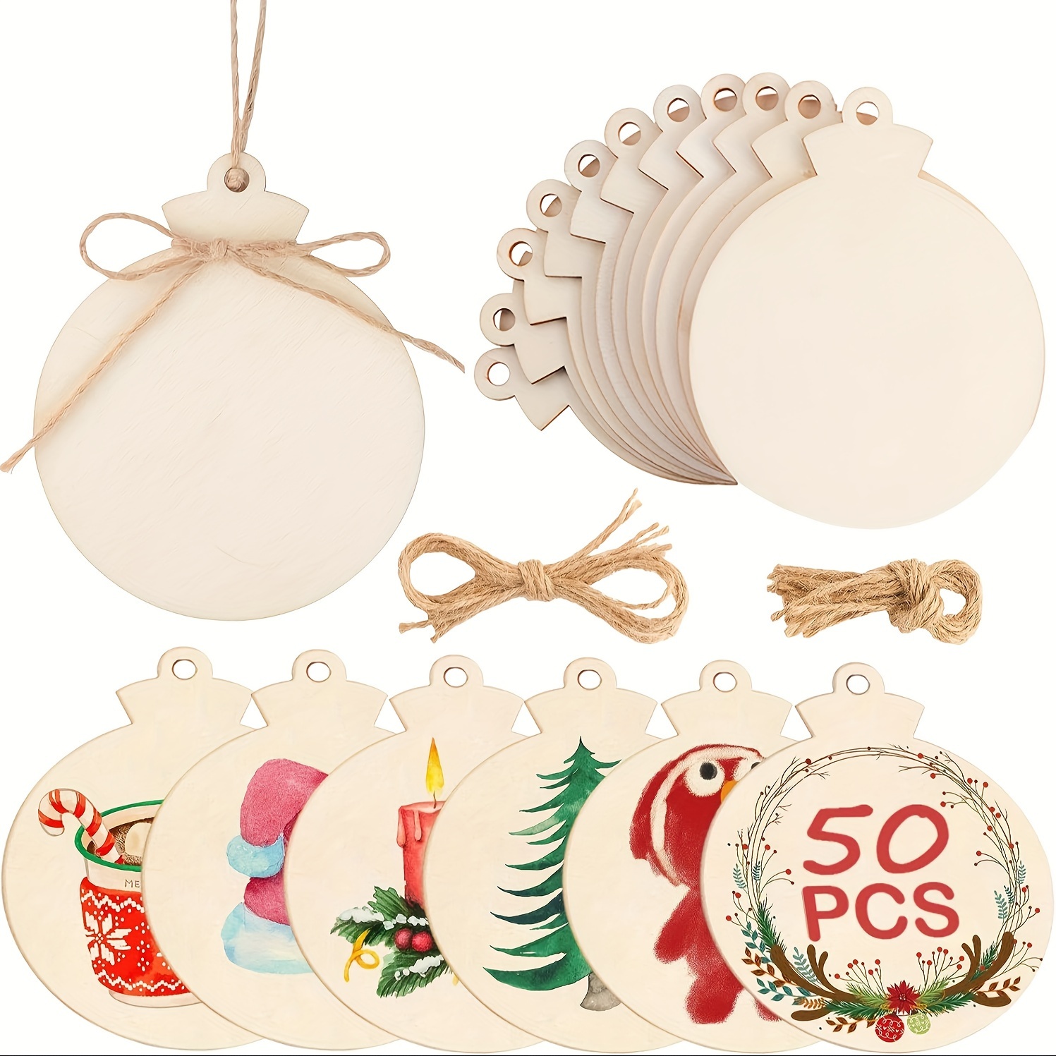 

50pcs Diy Christmas Wooden Ornaments, 4" Wood Slices, Predrilled Wooden , Christmas Decorations, Art Supplies, Wooden For Painting, Mdf