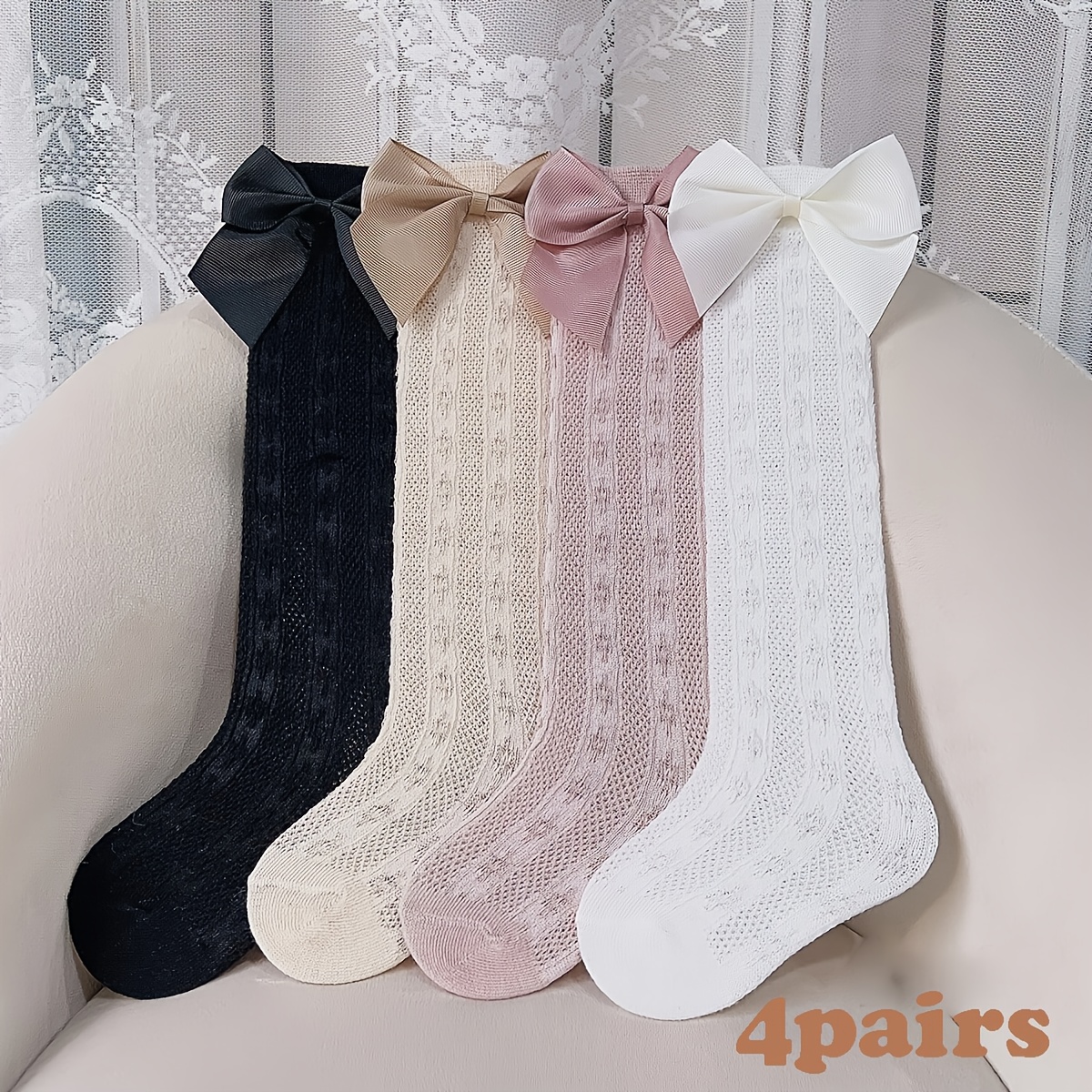 4 Pairs Of Girls' Socks With Lace, Bow, And Breathable Mesh In A Mid-calf Style, Fall And Winter Clothes