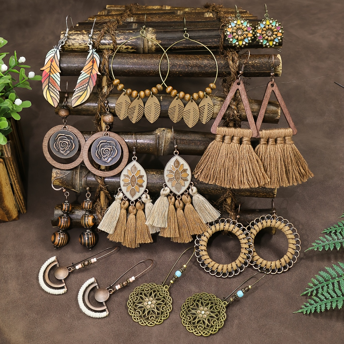 Image of A Set Of 10 Pairs Of Vintage-style Ethnic Women's Fashion Drop Earrings In A Brown Series, Featuring Colors And Styles Made Of Alloy With Fabric Tassels