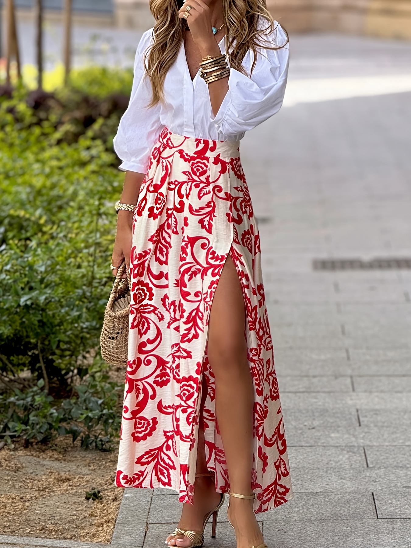 Two Piece Shein Maxi Skirts Tropical Red And White Floral Maxi