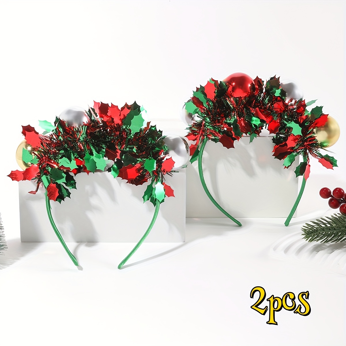 Image of 2pcs Of Christmas Headgear - Christmas Balls With Red And Green Ribbon Elements - Seasonal Headbands: Christmas Hairbands - Festive Christmas Headbands: Unique Additions