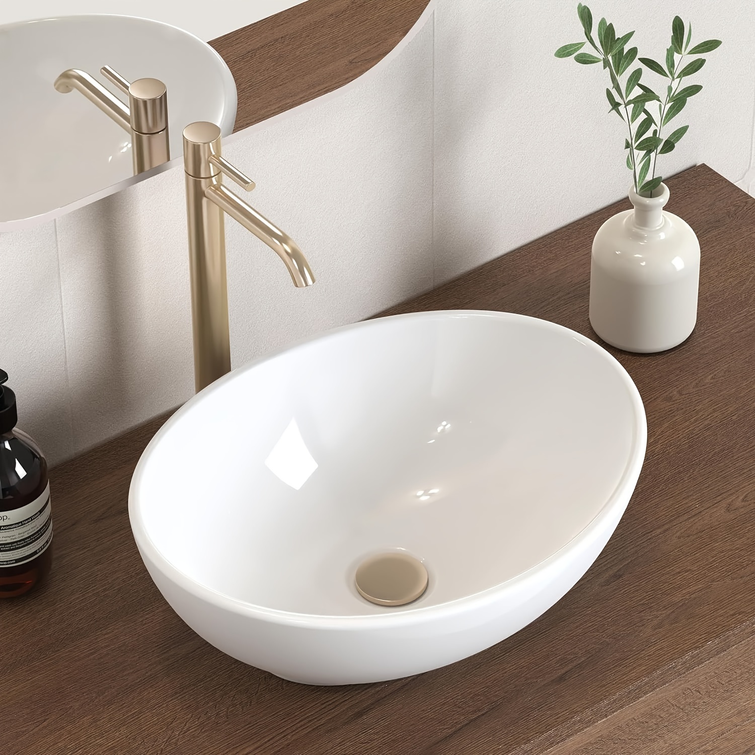 

1pc White Oval Bathroom Vessel Sink, Large Volume Bowl-shaped Ceramic Vanity Basin, For Bathroom Use, Ideal Bathroom Supplies