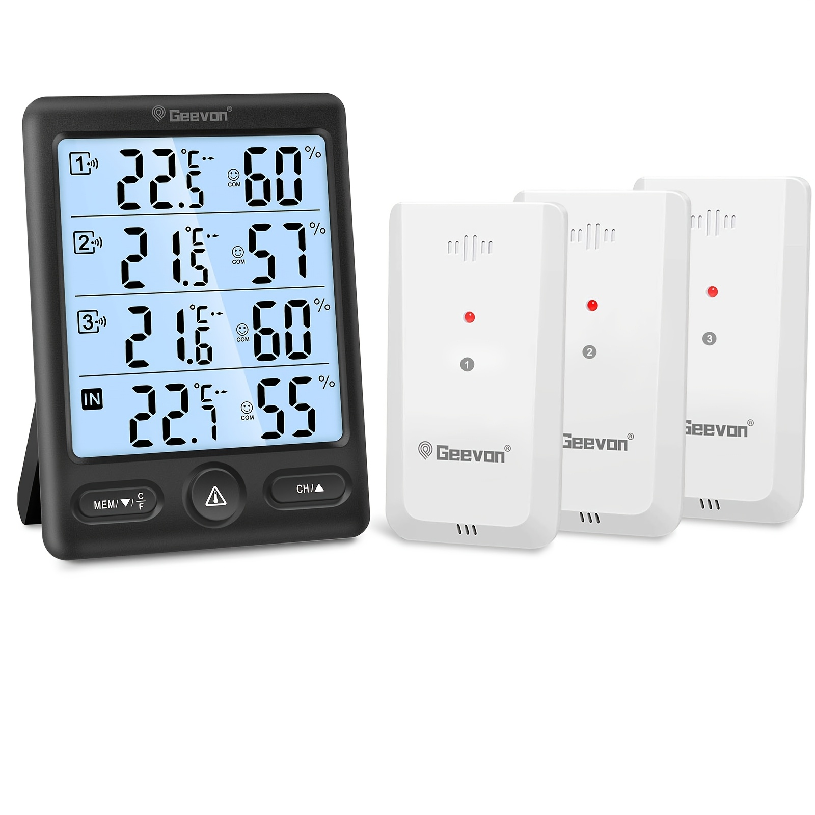 Geevon A Wireless Indoor And Outdoor Thermometer With 3 Remote Sensors, Hygrometer, And Temperature And Humidity Monitoring A Range Of 200ft/60m. It Features Wireless , A Large Display, Indicator