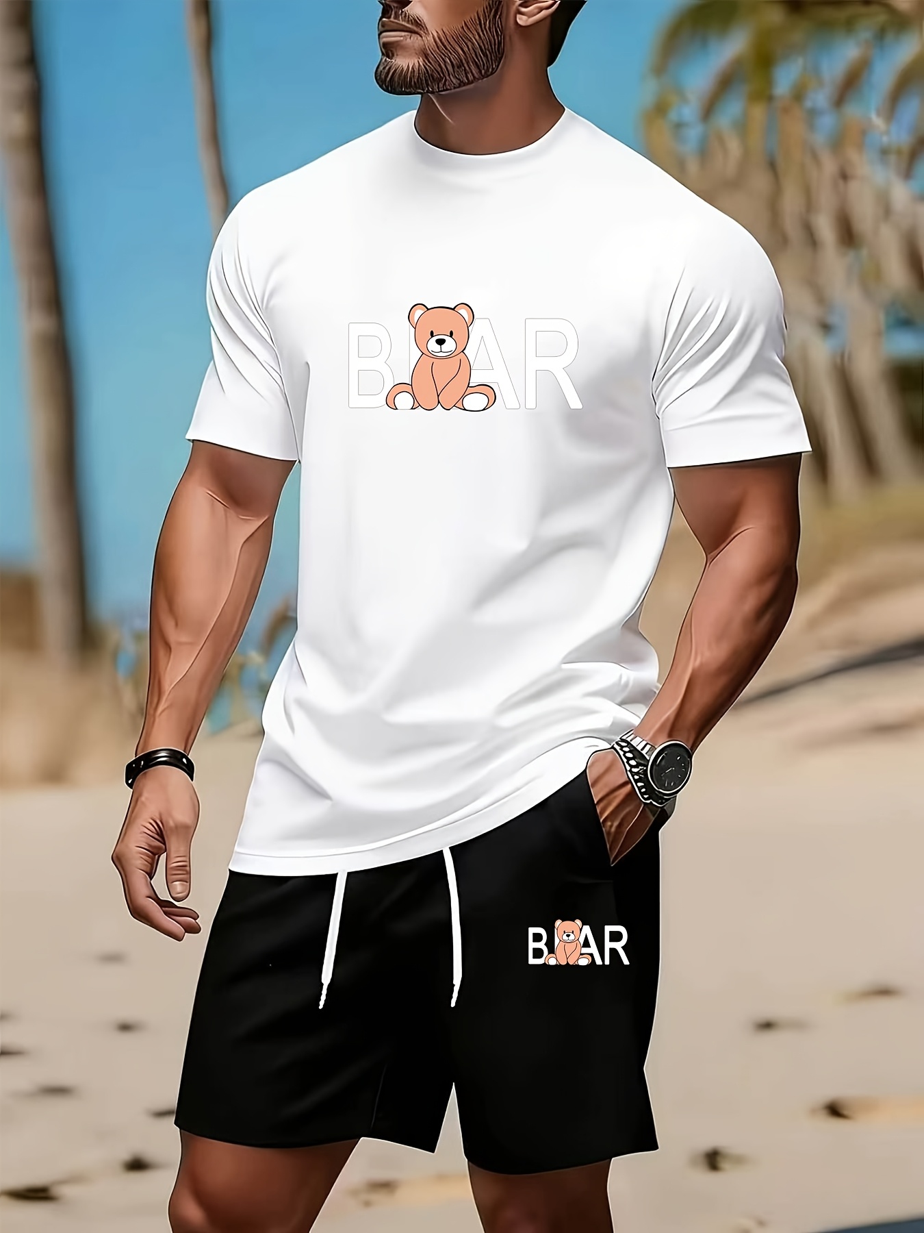 zdjęcie przedmiotu męski zestaw sportowy casualowy, letni lekki z nadrukiem misia w   kreskówki - marka streetwear, zestaw 2-częściowy: t-shirt z krótkim rękawem i szorty