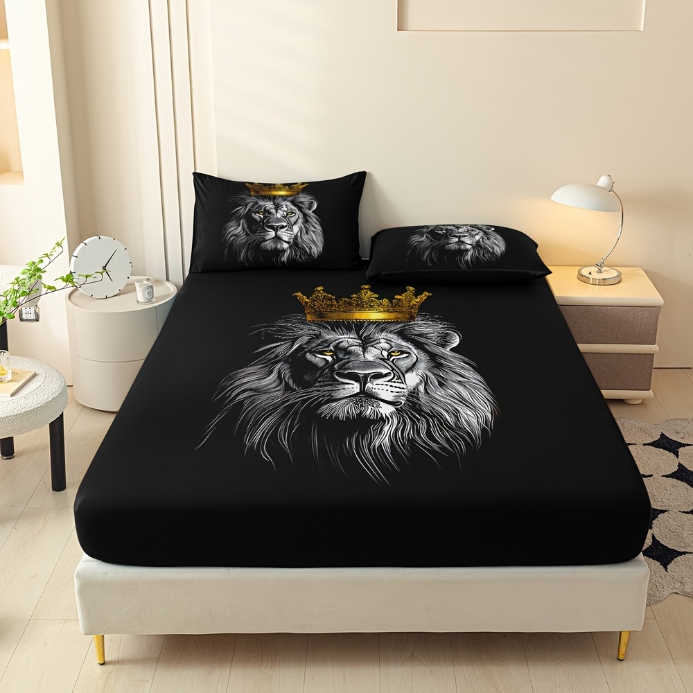 TEMU 3pcs Animal Lion Printed Fitted Sheet Set, Queen Mattress Cover, Twin Mattress Protector, King Bedding, Polyester Machine Washable, Bedroom ,