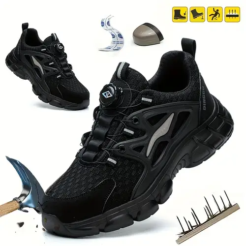 mens plus size safety shoes breathable woven fabric steel toe puncture proof sole adjustable rotating ideal for industrial construction work black protective work shoes lowtop durable rubber sole