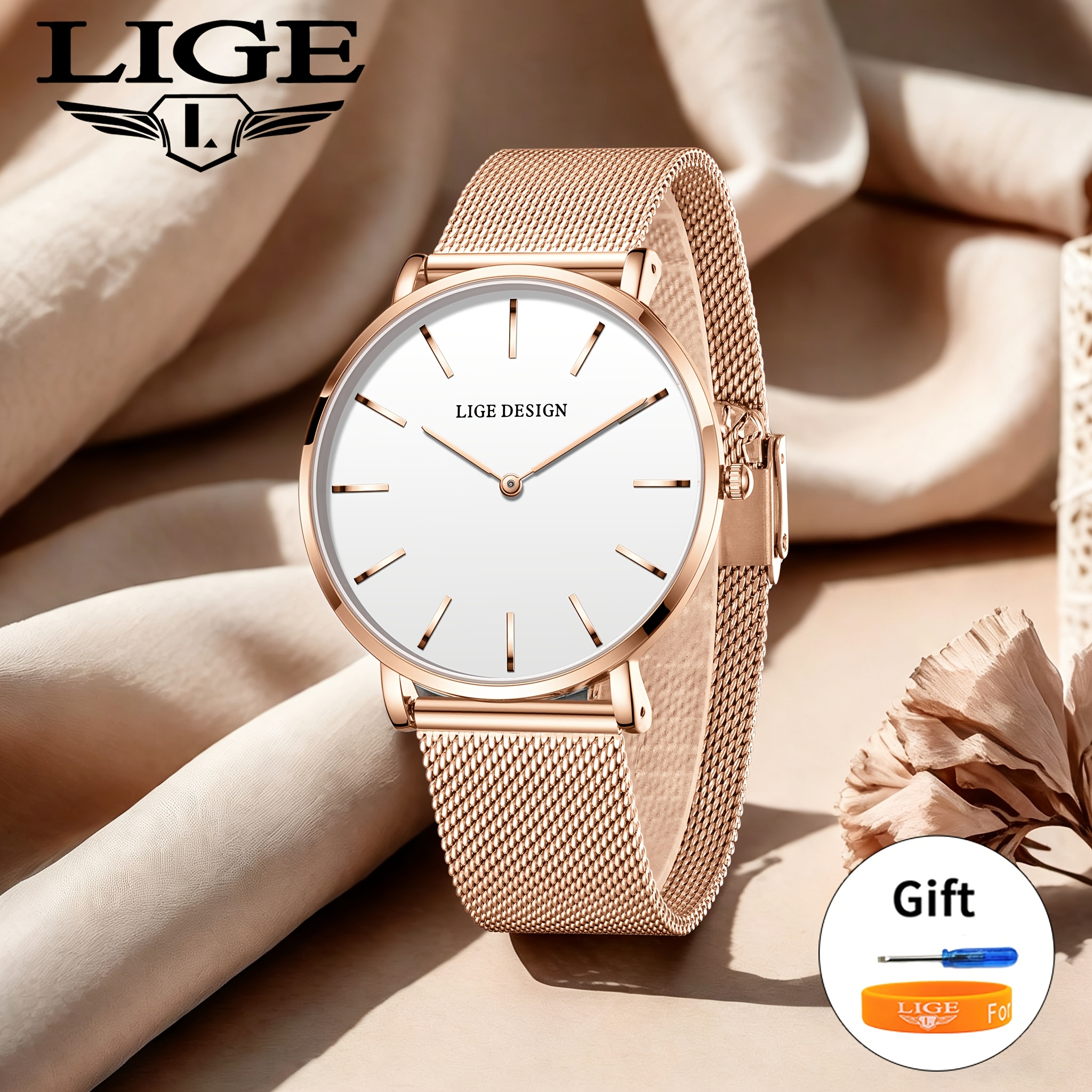 Lige Stylish And Simple Rose Golden And Black Mesh Strap Women's Wristwatch Unisex Luxury Quartz Watch, Classic Three-hand Automatic Date Watch, Perfect For Valentine's Day And Birthday Gifts