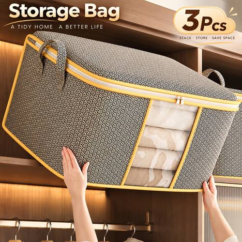 item picture 3pcs large clothes storage bags foldable wardrobe organizer with double zipper clear window reinforced handles large capacity storage bags for clothes quilts blankets bedding moving bedroom under bed storage