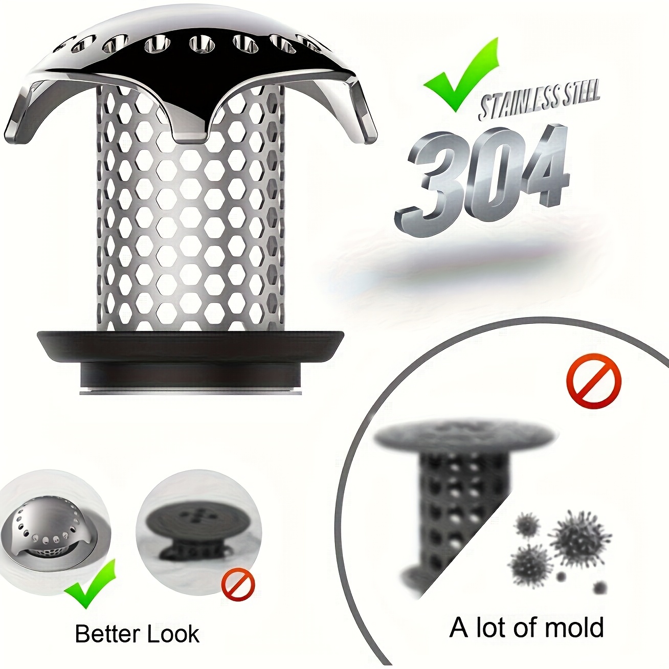 304 Stainless Steel Bathtub Floor Drain with Hair Catcher - Rust-Resistant, Durable Perforated Design for Efficient Drainage & Clog Prevention, Modern Bathroom Sink/Shower Drain Cover, Contemporary Metallic Finish, Highquality Finish