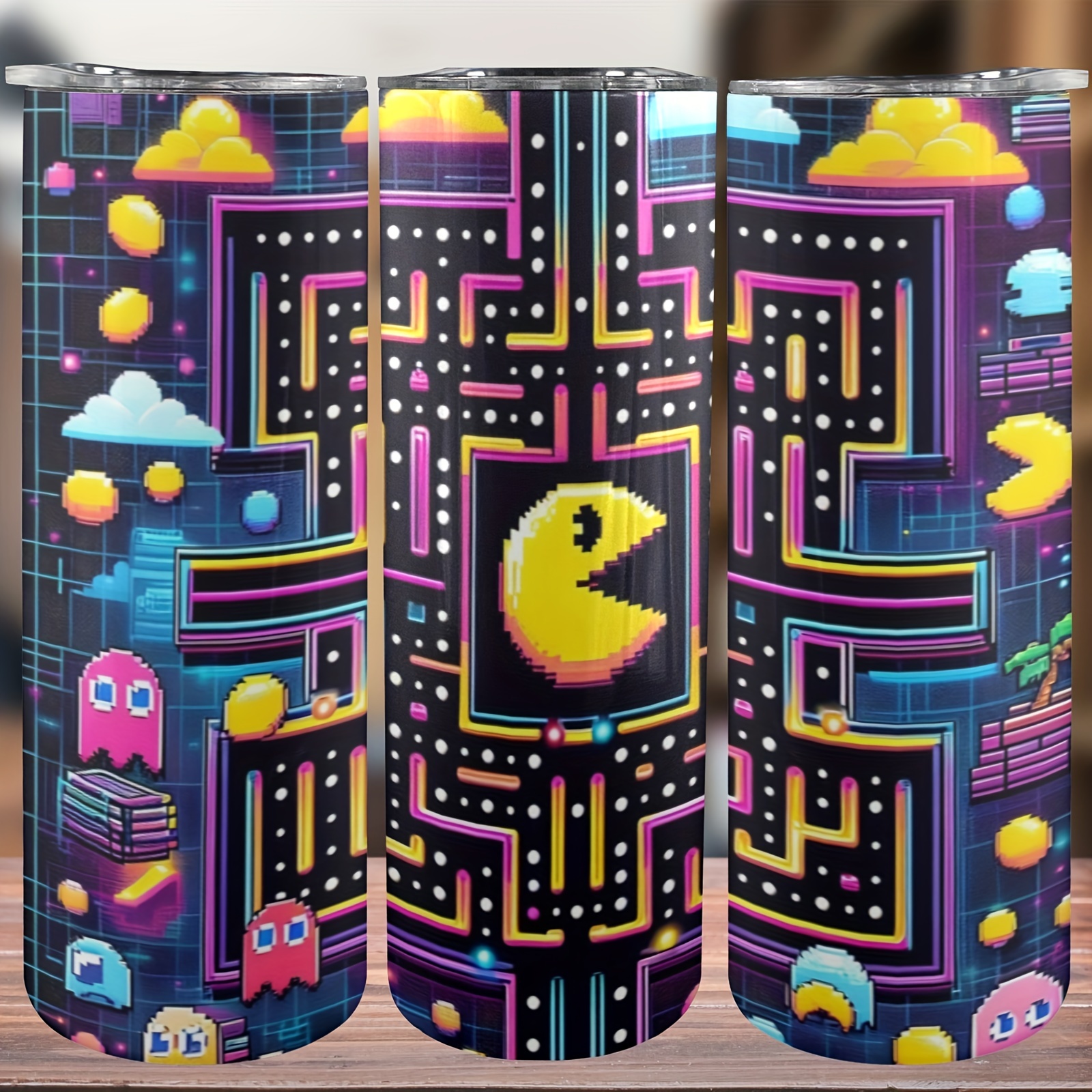 

1pc 20oz Pac-man Inspired Gaming Tumbler With Lid And Straw - 304 Stainless Steel Insulated Water Cup - Summer Winter Drinkware For Outdoor Travel - Unique Valentine's Day Gift Idea