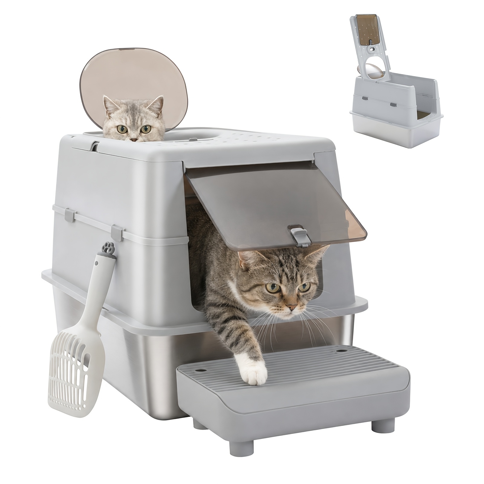 Image of Road Extra Large Stainless Steel Cat Litter Box, 60cm Enclosed Cat Toilet With Front Entry And Top Exit, Litter Trapping Step, Lid And Scoop For Large Cats, White Or Gray