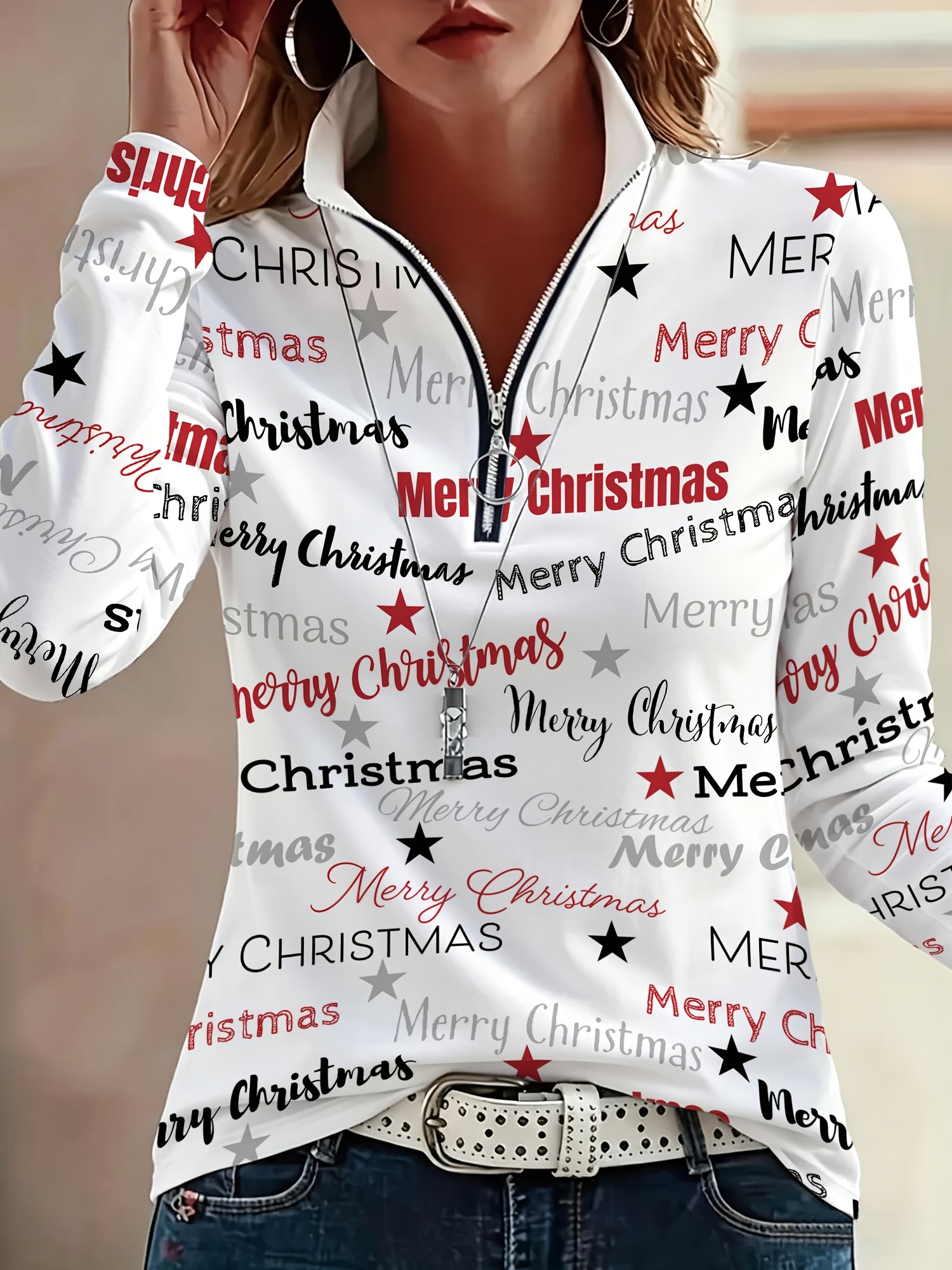 item picture christmas print womens half zip stand collar long sleeve t shirt autumn winter pullover top christmas gift