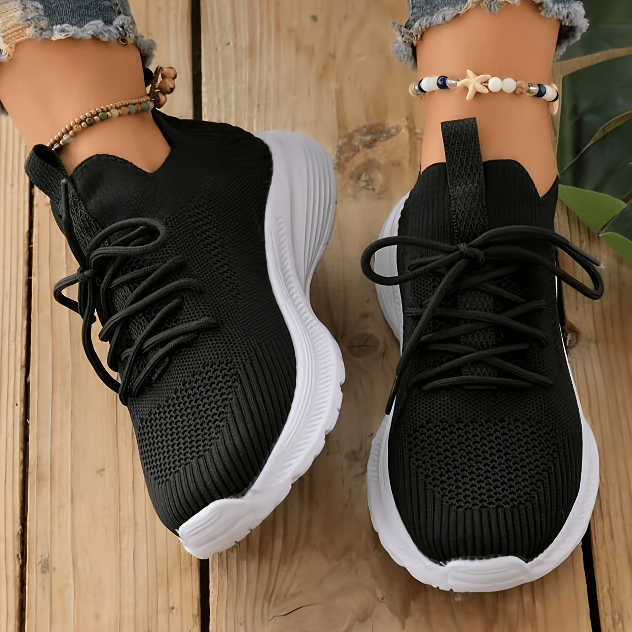 TEMU Women's Breathable Knit Sneakers, Lightweight Non-slip Casual Running Shoes, Comfortable All-match Black Mesh Shoes, Thick-soled Athletic Shoes,