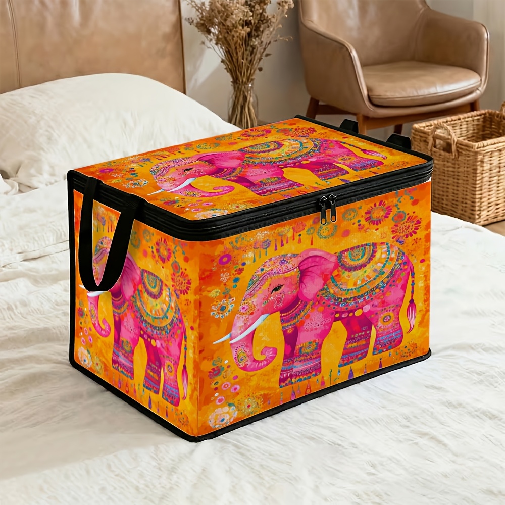 TEMU 1pc Storage Box - Large Capacity Foldable Organizer With Indian Folk Decorative Elephant Pink Vibrant, Durable Polyester Fabric, Zippered Lid,