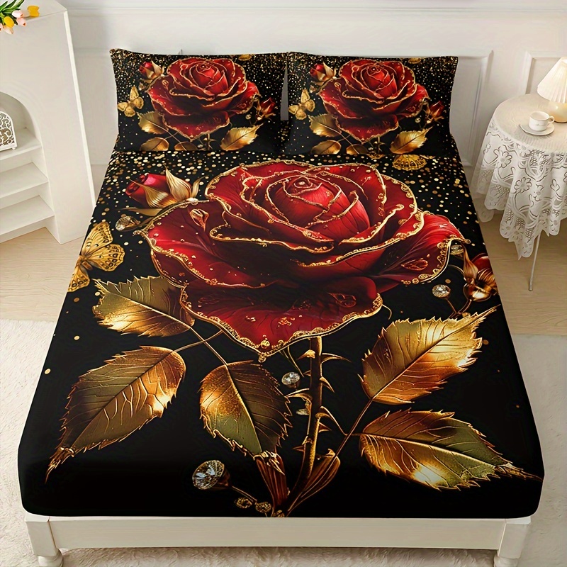 3pcs Golden Rose Bed Cover Set (1 Bed Cover + 2 Pillowcases, Excluding Pillow Inserts), High-definition Print For Home And Dorm Use