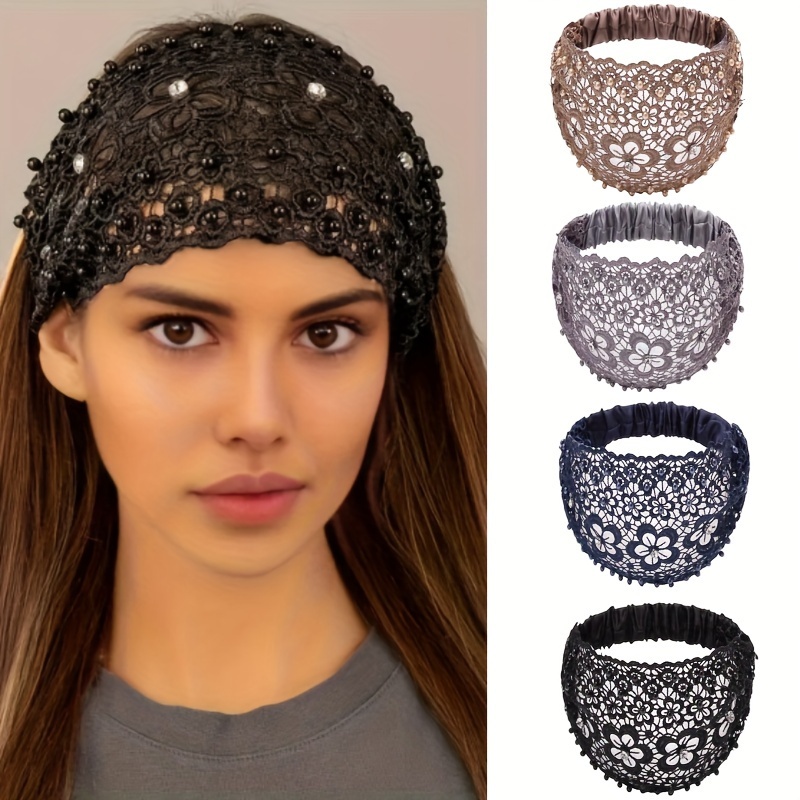 

4pcs Bohemian Lace Hollow Headbands With Faux Pearls, Floral Lace Artificial Pearl Elastic Headbands Stretch Hair Wraps For Women, Vintage Hair Accessories