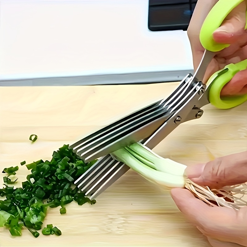 5-Layer Heavy-Duty Stainless Steel Kitchen Scissors - Multifunctional Onion & Herb Chopper with Protective Cover & Built-in Cleaner, 304 Blades & Plastic Grip - One-Handed Operation for BBQ, Slicing Vegetables, Meat (Lock