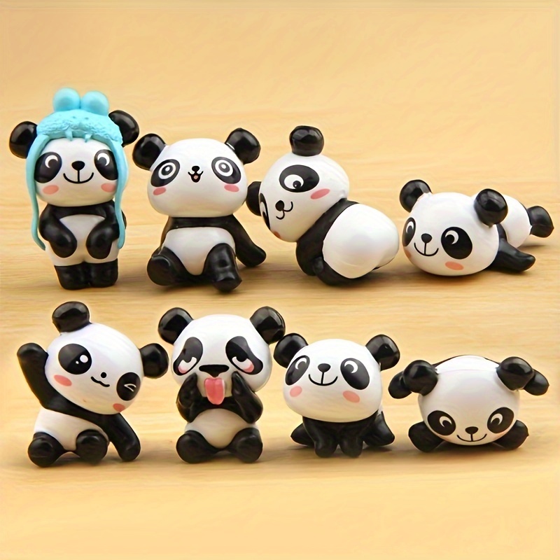 

8pcs Set Of 3d Panda Figurines - Vintage Style, Pvc, Diy Crafts & Home Decor, Includes Non-marking Adhesive