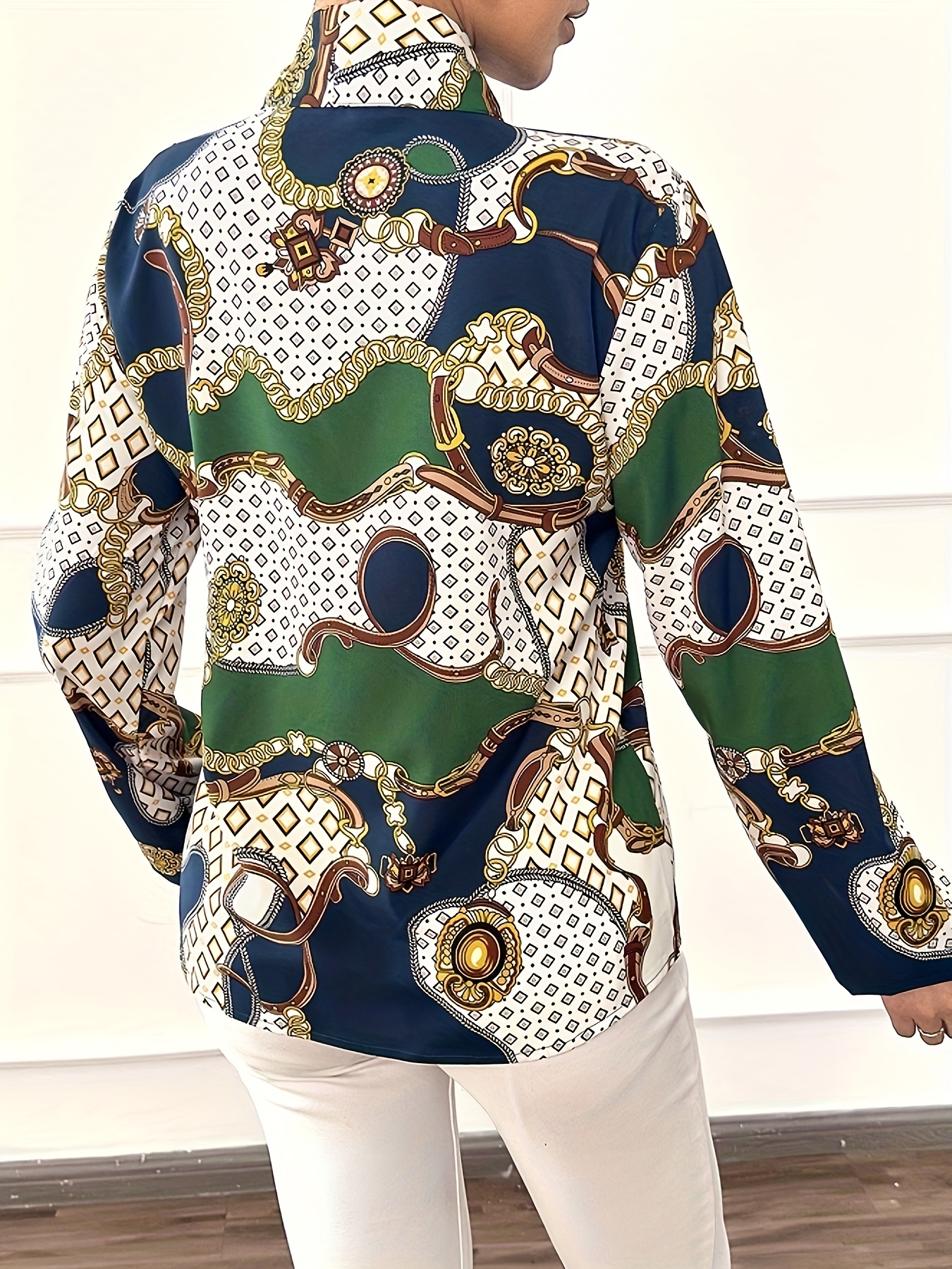 green chain print blouse