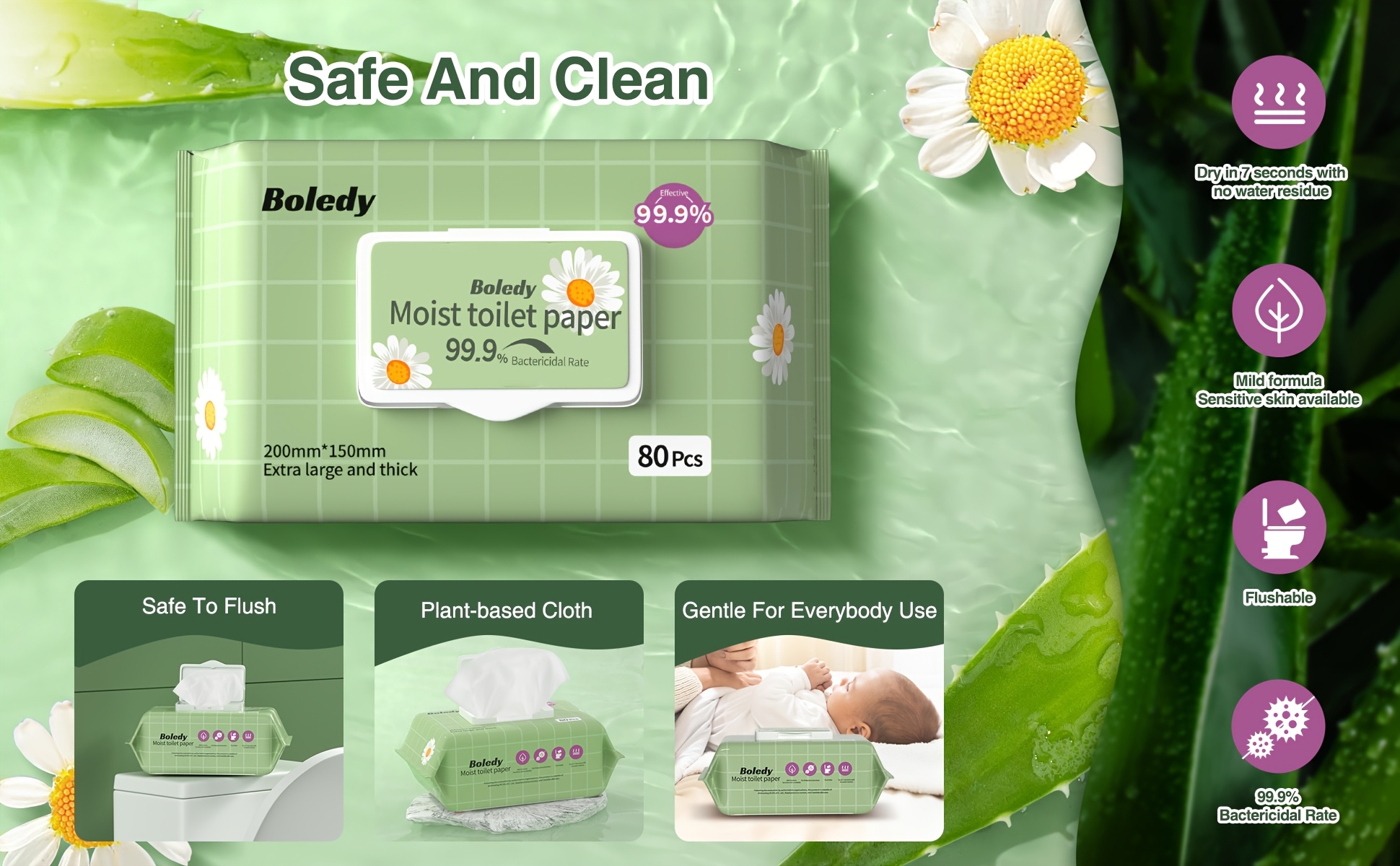 480 Boledy Wet Wipe Toilet Paper, Flushable Tissue, Single Sheet Form, NoDye, For Home Use (6 Packs)