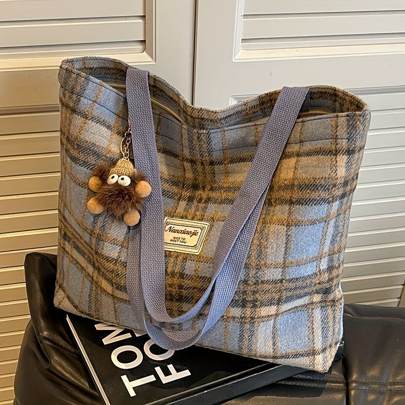 TEMU 1pc Women's Large Capacity Tweed Tote Bag With Adjustable Strap & Zipper Closure - Red/black/blue Plaid Handbag, /, Lining & Lining For Work,