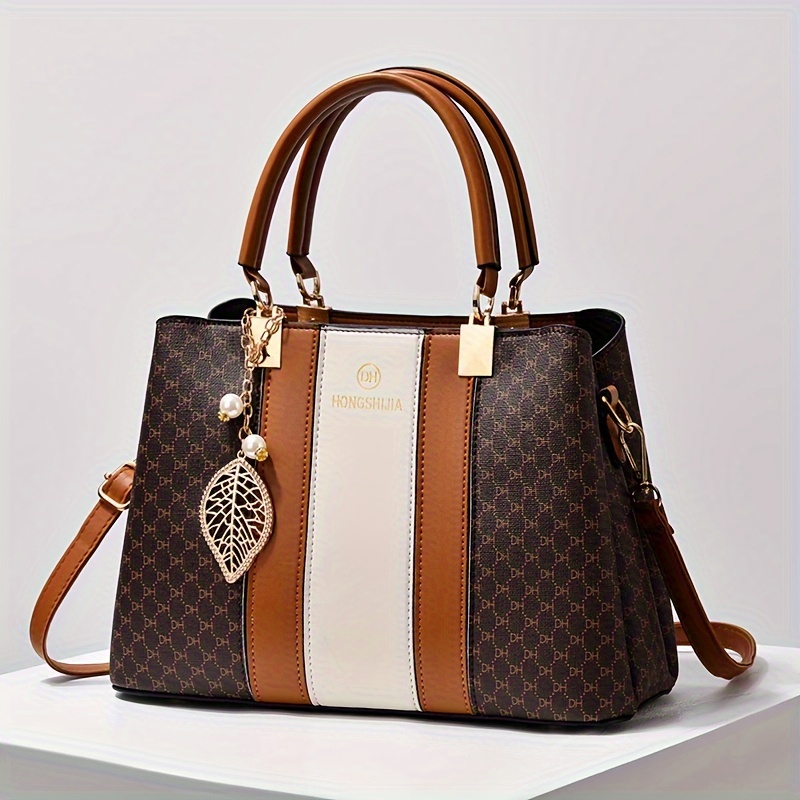 

Elegant Two-tone Printed Pu Handbag, Large Capacity Women's Tote Bag, Personalized Simple Shoulder And Crossbody Bag