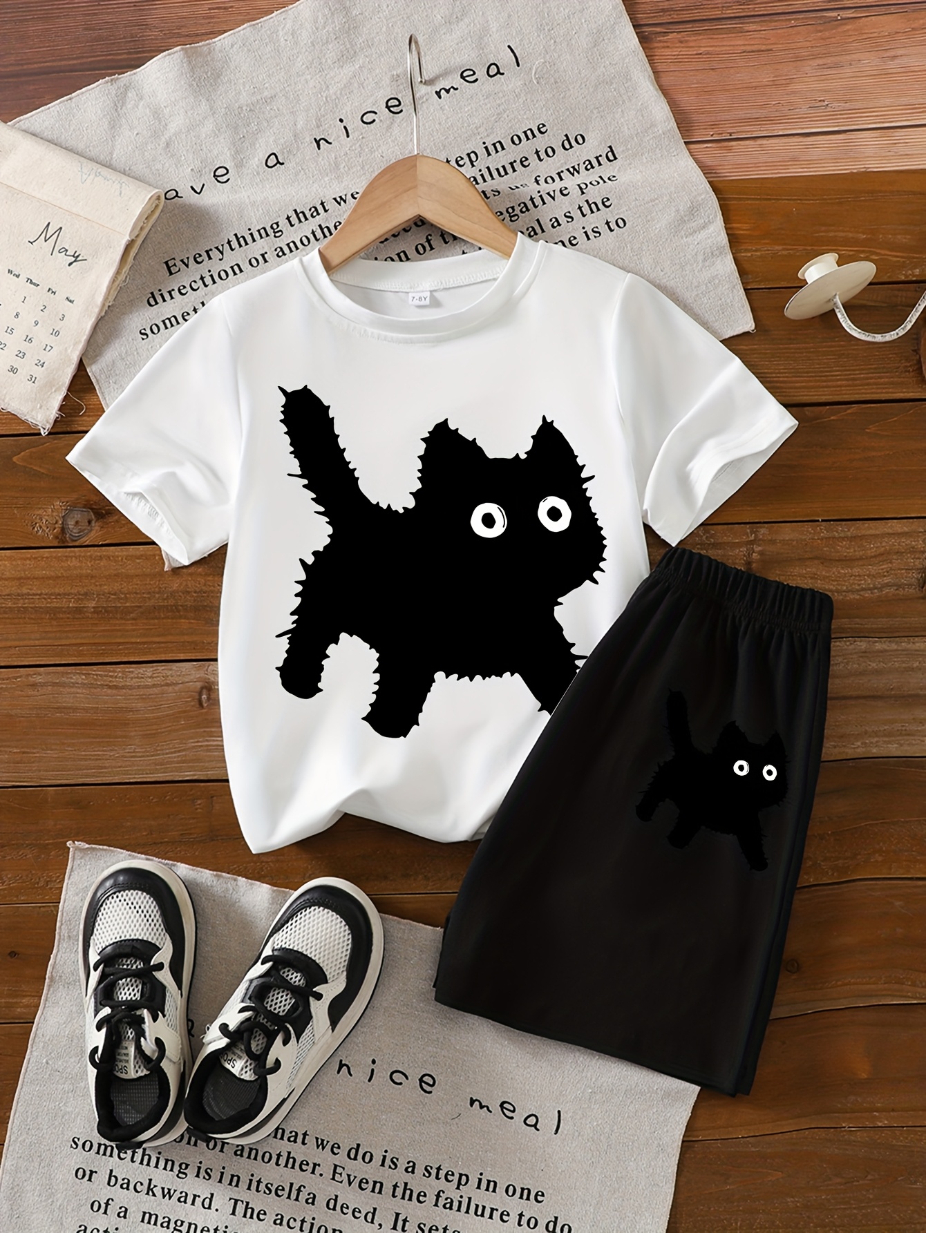 girls summer short sleeve cute black cat print t shirt Temu New