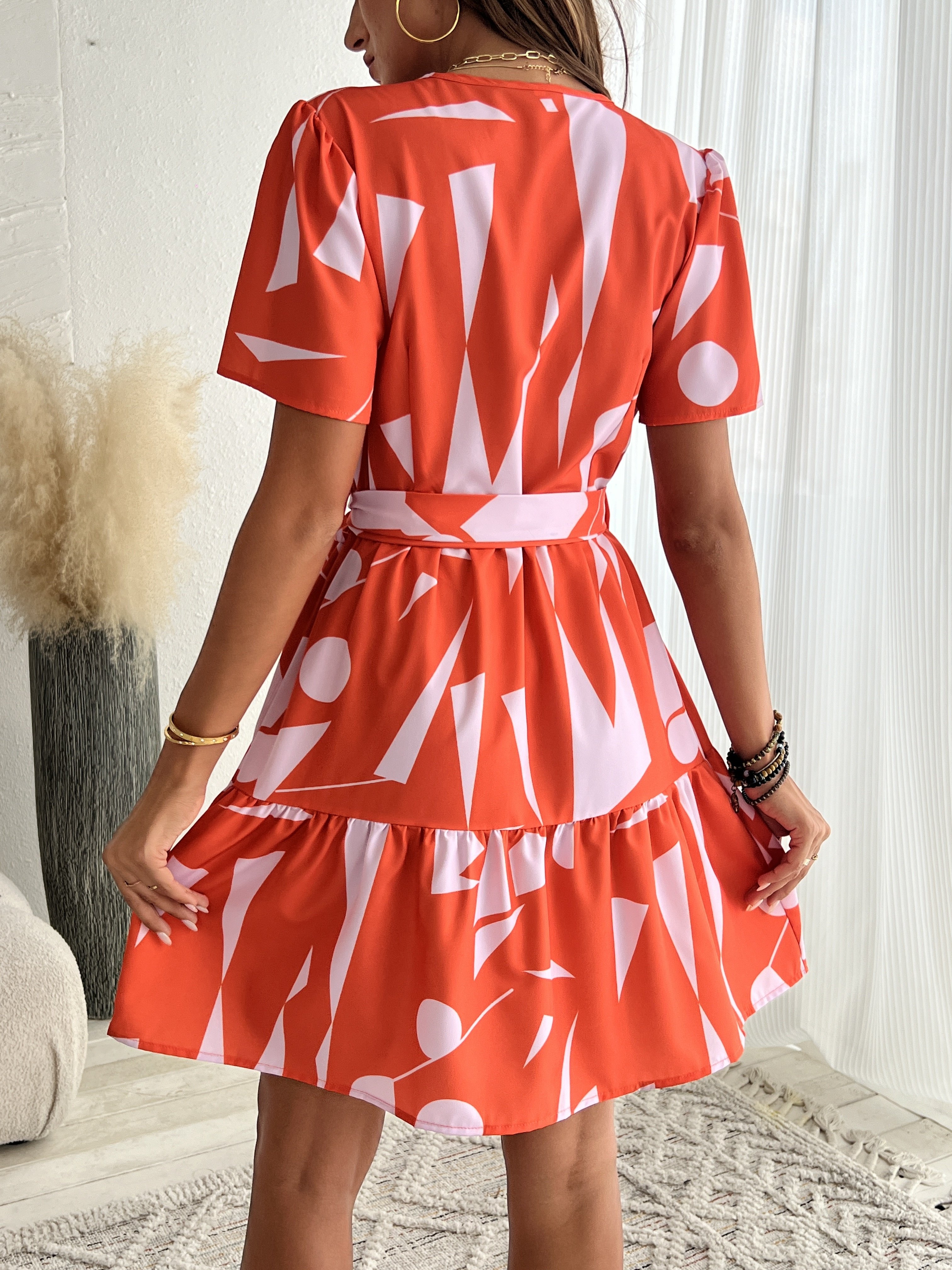 orange geometric dress Geometric Print Midi Dress