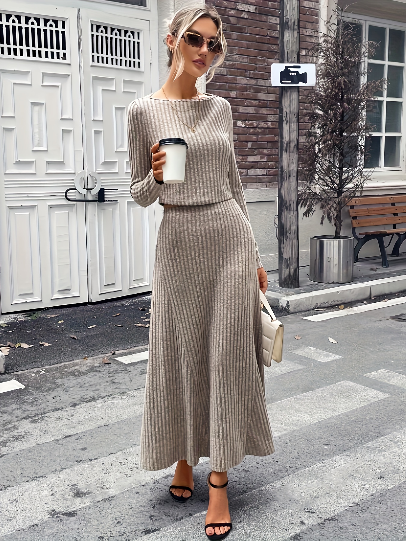 Ribbed Skirt Outfit Elegant Solid Knit Ribbed Skirt Set Long