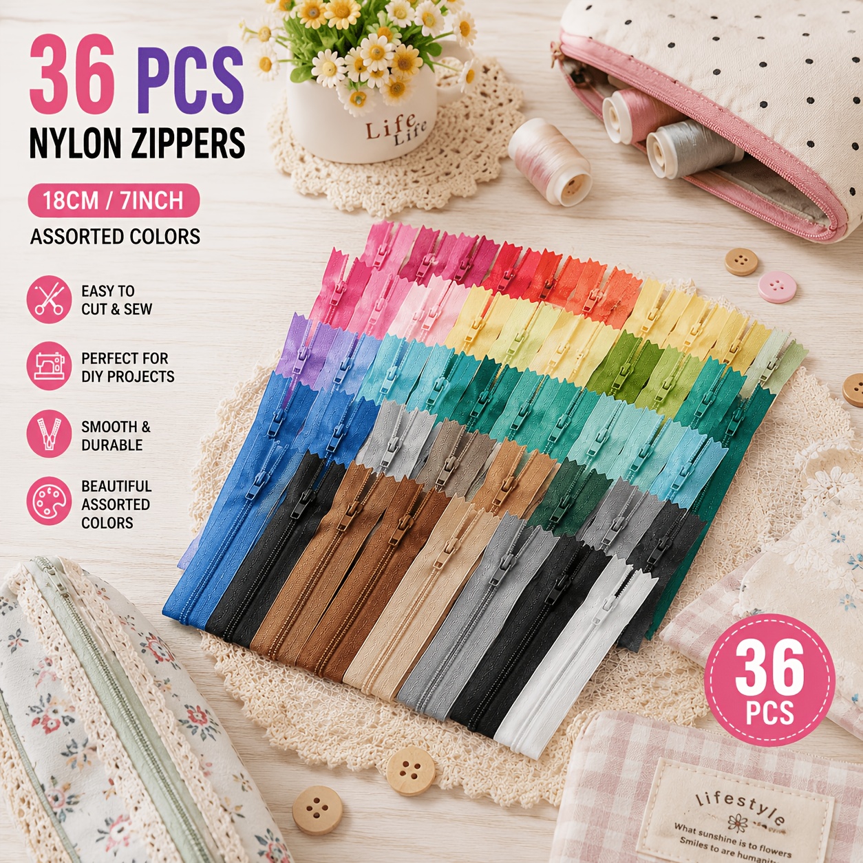 TEMU 36pcs 18cm Colored Nylon Zippers Random Mixed Colors Sewing Handmade Bag Clothing Additions Zippers