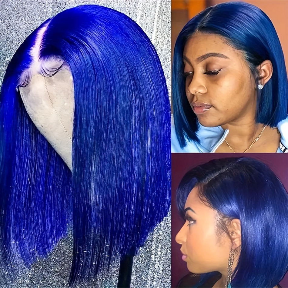 Blue Color Blunt Cut Short Straight Bob Wig 150 Density 13x4 Transparent Lace Front Wig For Women 100 Remy 13x4 Lace Frontal Human Hair Wigs